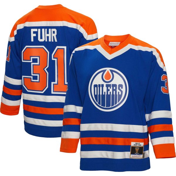 men8217s mitchell amp ness grant fuhr royal edmonton oilers 198687 blue line player jersey – Vancouver Canucks Jerseys and Headwear Collection