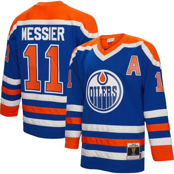 men8217s mitchell amp ness mark messier royal edmonton oilers alternate captain patch 198687 blue line player jersey – Vancouver Canucks Jerseys and Headwear Collection